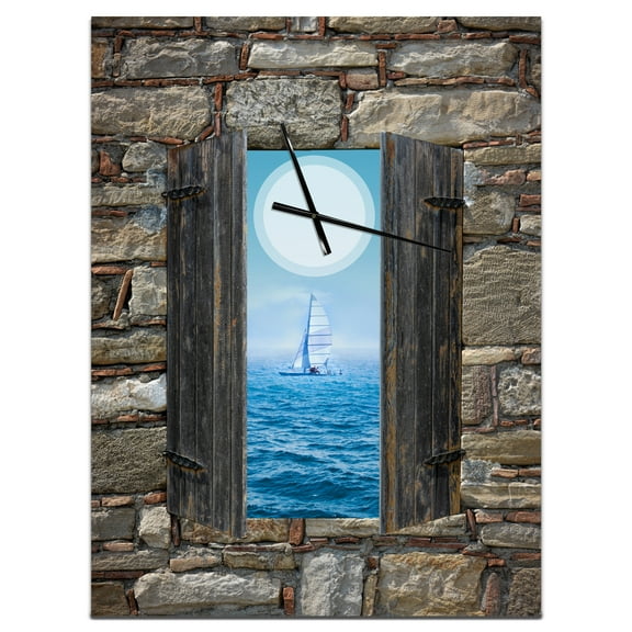 Designart 'Window Open To Sailing Boat' Coastal Wall Clock