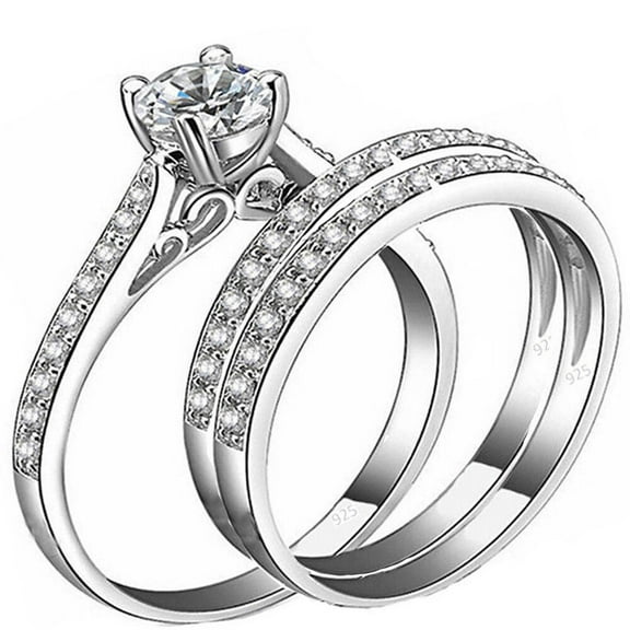 2 CT Round Cubic Zirconia Three Piece Bridal Wedding Ring Set 14K White Gold Plated Sterling Silver Ring Size-4