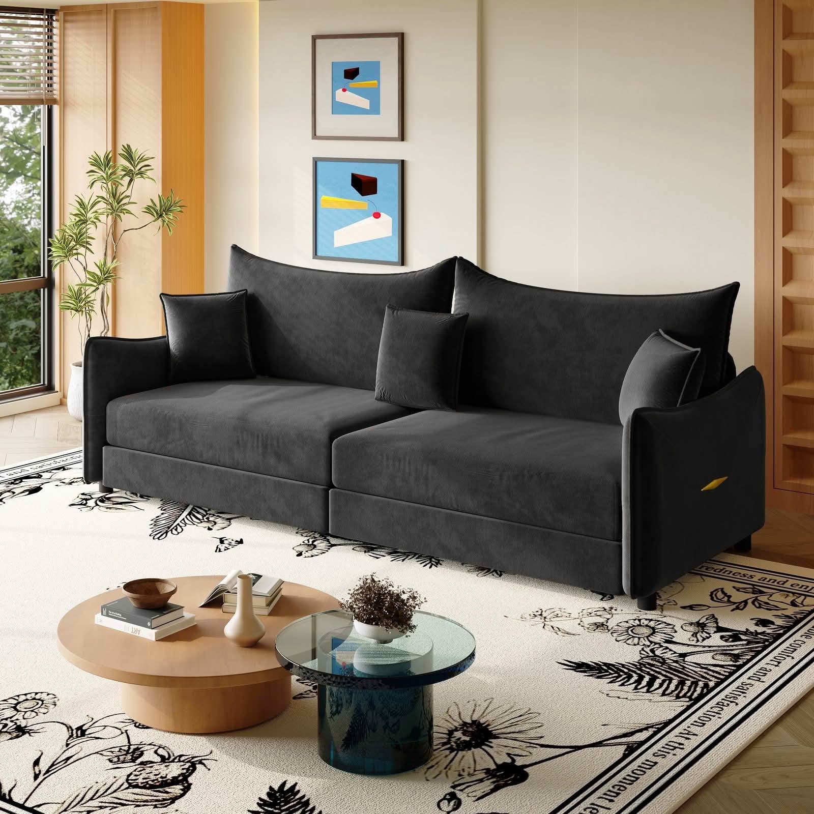MAYEERTY 81.9" King Pull‑Out Velvet Sofa Bed, 3‑in‑1 Convertible 3‑Seater Couch with Golden Accent, 3 Pillows Included for Small Space & Living Room
