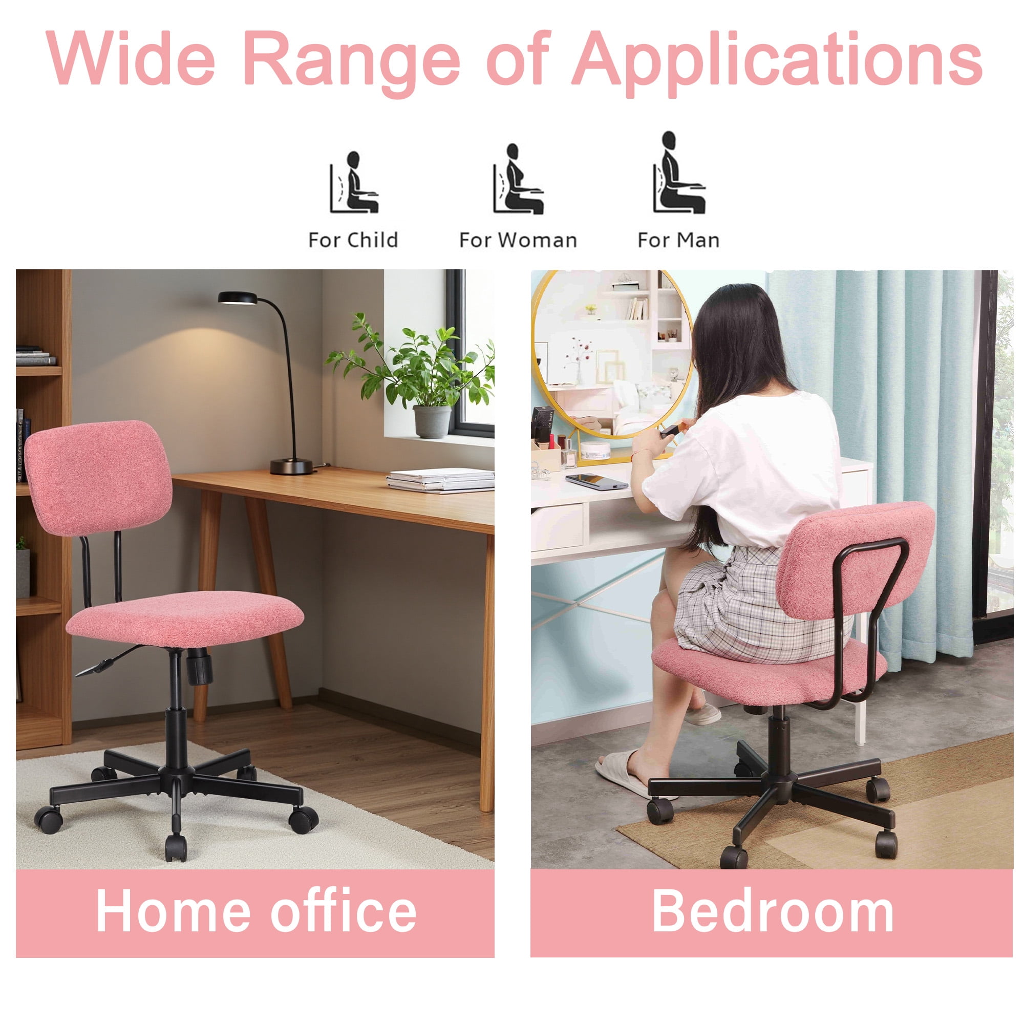 JJS Low Back Velvet Fabric Armless Home Office Computer Chair in Pink
