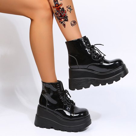 

Hiking Boots Women Shoes Fashion Round Toe Wedge Heel Low-Barrel Lace-Up Patent Leather Shiny Boots Womens Fall Boots Black Combat Boots