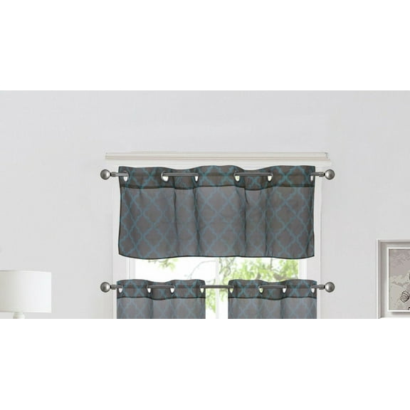 DRESSING YOUR WINDOW 1PC VALANCE S38 GEOMETRIC TRELLIS MOROCCO BROWN/TEAL SHEER SEE THRU GROMMEST TOP CURTAIN TALOIRED KITCHEN ,NURSERY,BATHROOM, WEDDING SIZE 52" WIDE X 18" LENGTH
