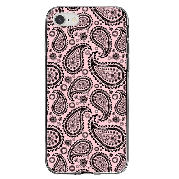 DistinctInk Clear Shockproof Hybrid Case for iPhone 7 8 SE (2020 Model) 4.7" Screen TPU Bumper Acrylic Back Tempered Glass Screen Protector - Black & Pink Paisley