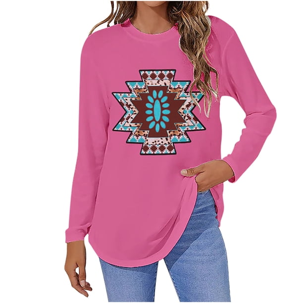 Camiseta de moda sexy informal para mujer, blusa estampada de manga larga con cuello redondo y fruncido Pompotops FGAJ7279