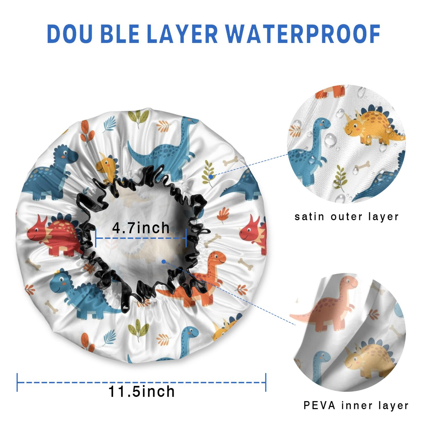 Shower Caps,White Cartoon Dinosaurs Bones Pattern Waterproof Shower Cap for Women 4 Pieces,Double Reusable Hair Cover for Shower PEVA Elastic Stretch Hem