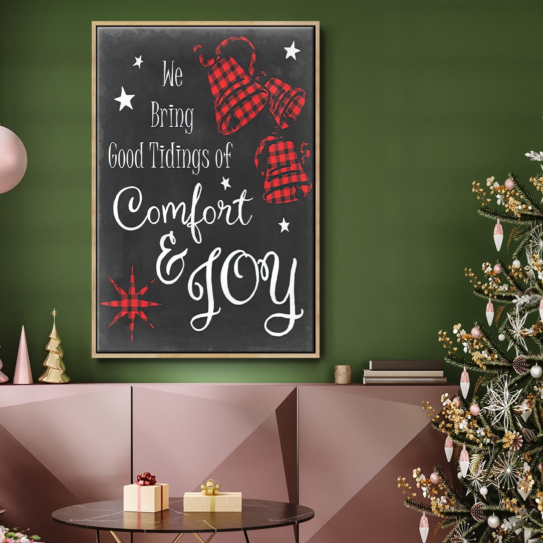 Comfort and Joy in Red - Framed Gallery Wrapped Holiday Canvas - 25 x 37 - Natural Wood Frame