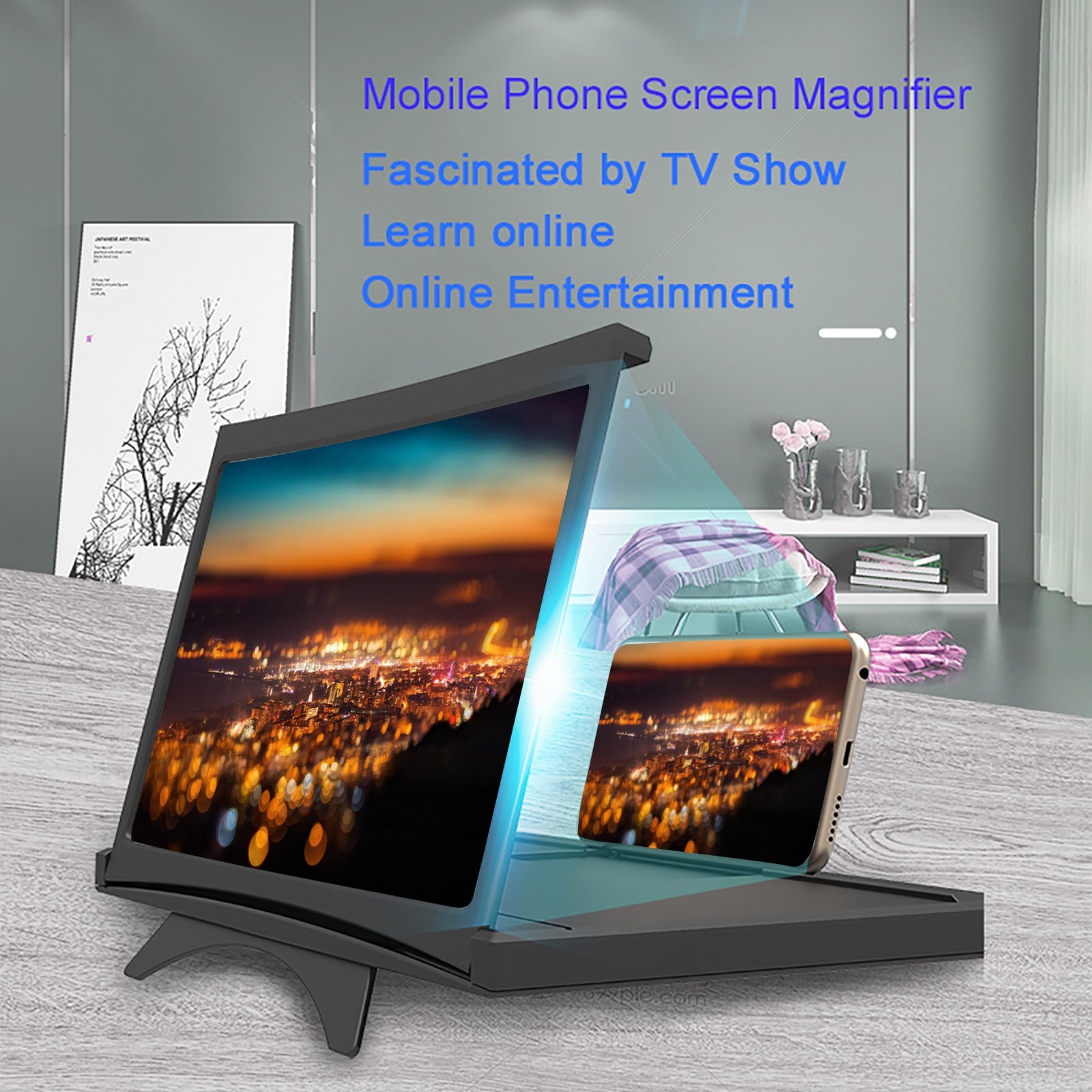 Phone Screen Magnifier - 12in Curved HD Amplifier with Foldable Stand for Movies & Gaming on All Phones