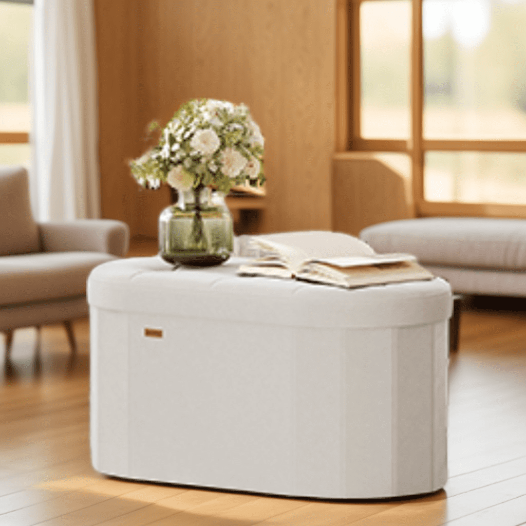 LEDREM 30" Foldable Storage Ottoman Bench, Velvet Fabric Ottoman with 2 Internal Dividers, Footrest for Bedroom Living Room, Cream White