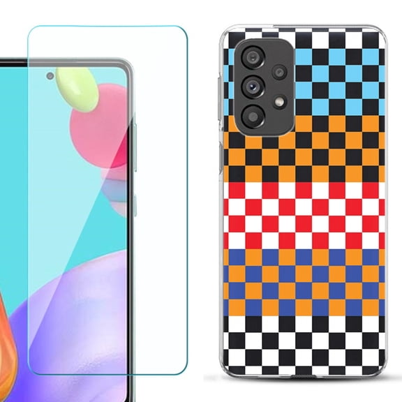 Slim-Fit Gel TPU Phone Case for Samsung Galaxy A33 5G, with Tempered Glass Screen Protector, by OneToughShield ® - Colorful Checker