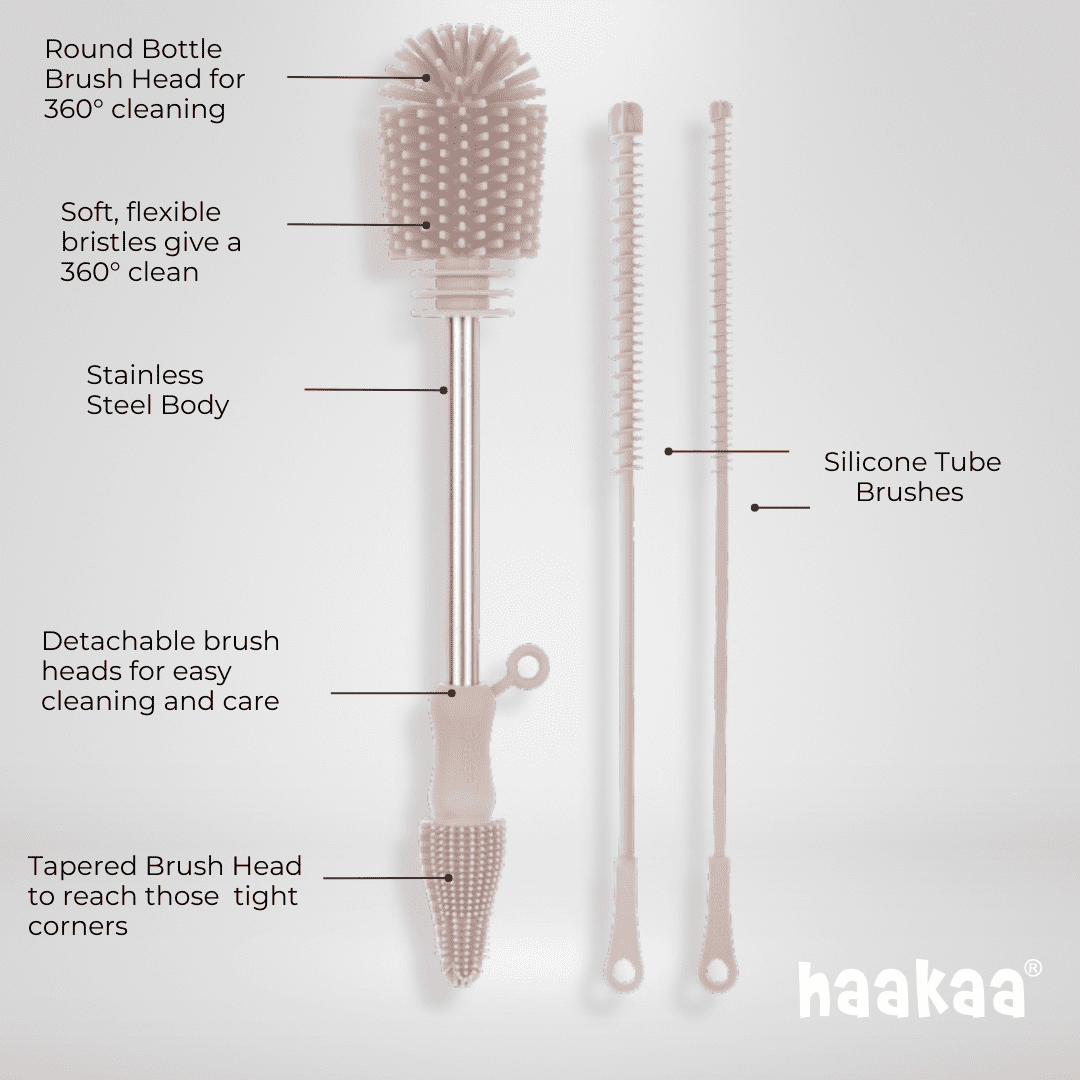 Haakaa Blush Silicone Cleaning Brush Kit – Multifunction 3-Piece Set for Bottles, Pumps & Accessories - Blush