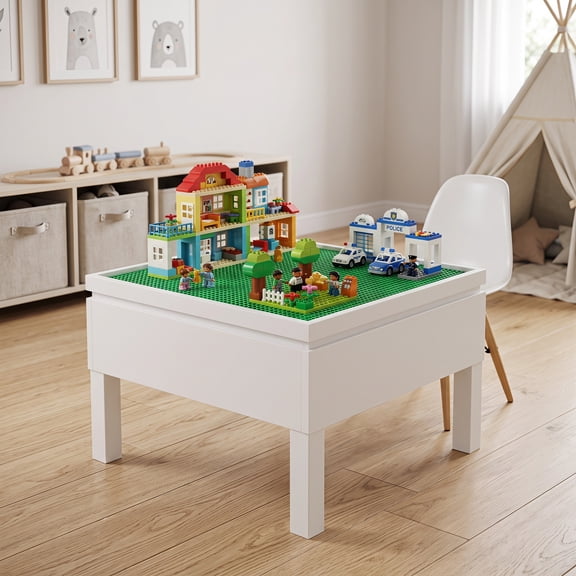 PAWON 3-in-1 Kids Building Block Activity Table with Divided Storage Bins, Kids Construction Play Table, White
