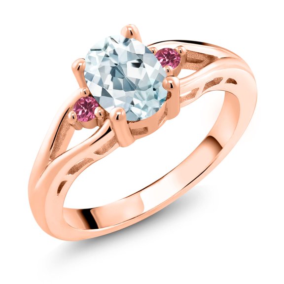 Gem Stone King 18K Rose Gold Plated Silver Sky Blue Aquamarine and Pink Tourmaline 3 Stone Engagement Ring for Women | 1.26 Cttw | Oval 8X6MM | Round 2MM | Gemstone March Birthstone | Size 6