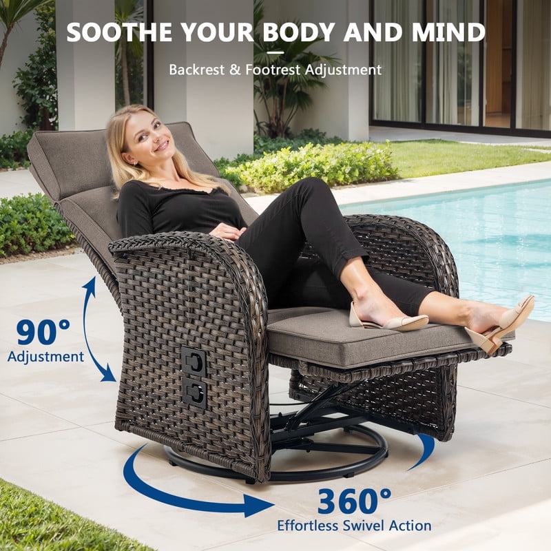 3-Piece Patio Swivel Recliner Chairs with Side Table, Outdoor Wicker Reclining Lounge Chairs with Adjustable Back and Footrest, Rattan Outdoor Furniture Set with Gray Cushions