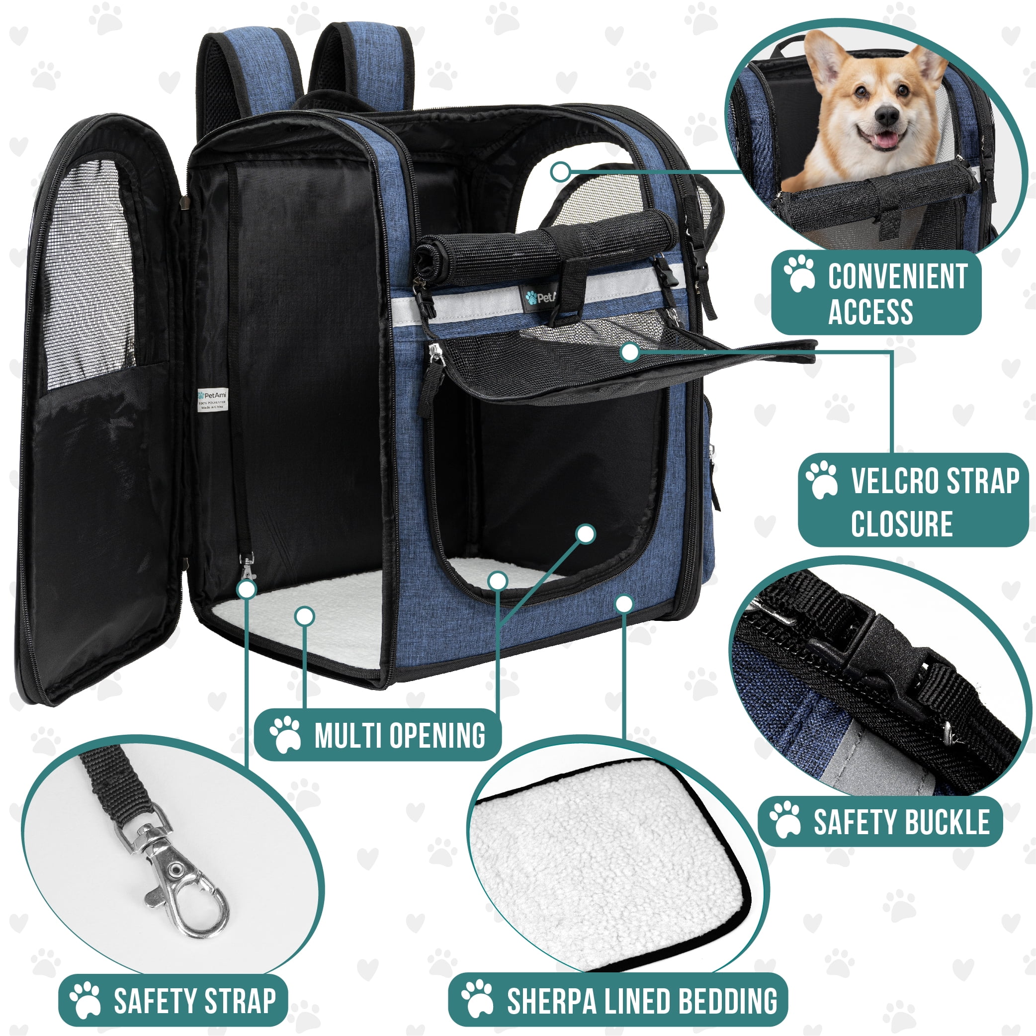 PetAmi Dog Backpack Carrier For Small Large Cat, Pet, Puppies, Ventilated Pet Hiking Backpack Travel Bag, Airline Approved Cat Backpack Carrier, Safety Back Support, Camping Biking, Max 18 lbs, Navy
