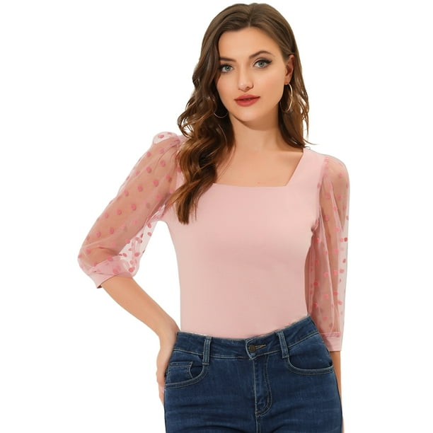 Blusa Vintage Con Cuello Cuadrado Allegra K Para Mujer Ajustada Semitransparente Con Mangas Abullonadas De Malla 3/4 Rosa XL