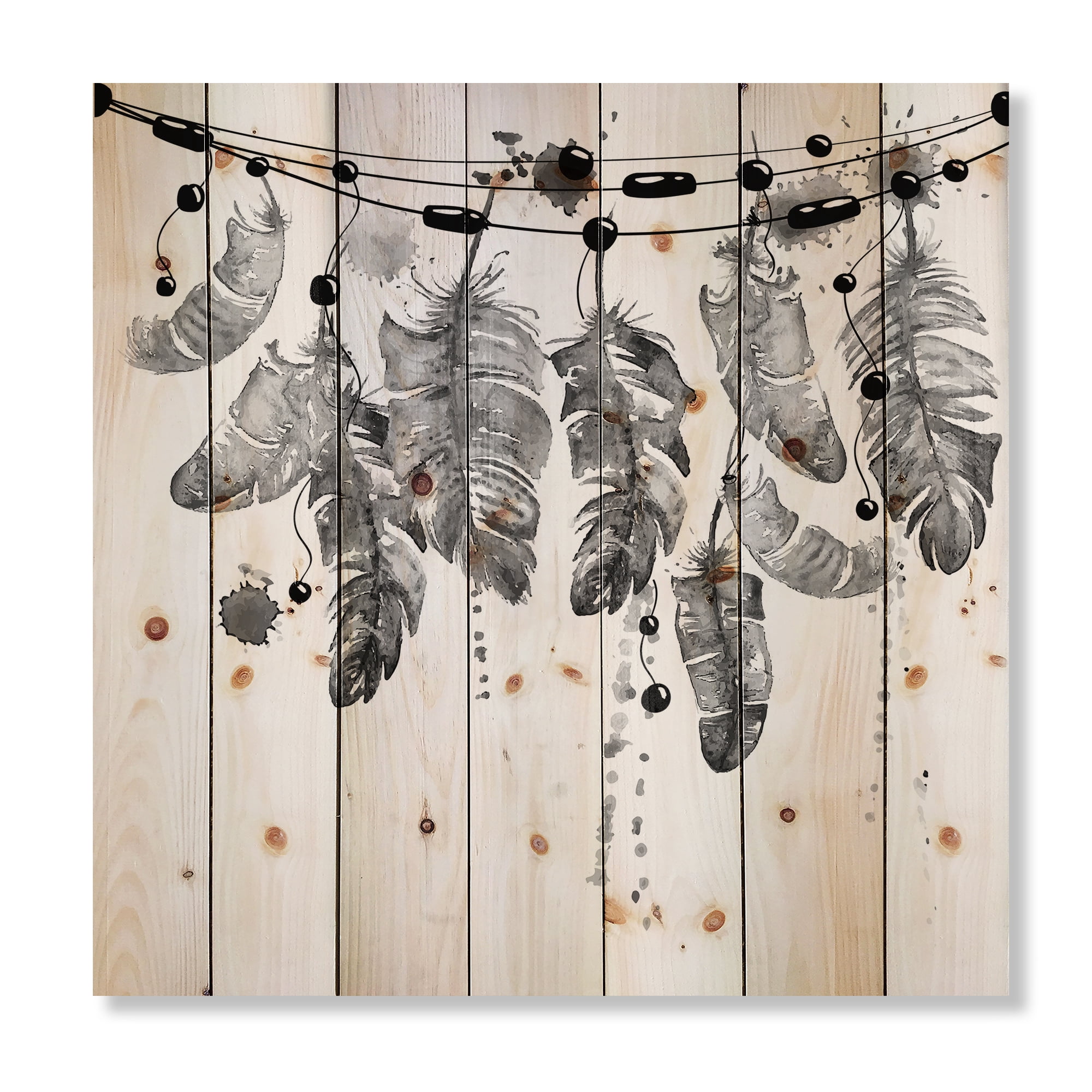 Designart 'Hanging Monochrome Bird Feathers' Bohemian & Eclectic Print on Natural Pine Wood