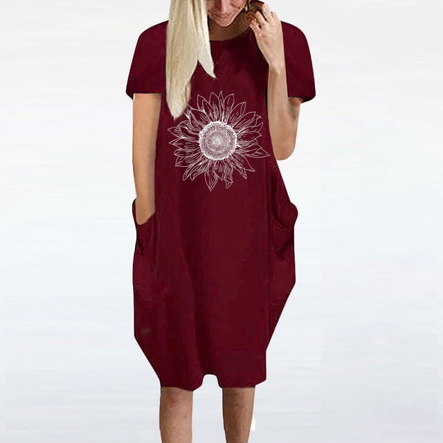 Robes pour Femmes 2024 Été Robe Ample Décontractée Imprimé Tournesol Manches Courtes Col en V 50 % de Réduction!