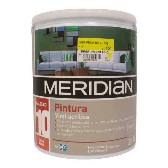 Pintura Meridian Satinado para Interiores y Exteriores Vinil Acrílica 4 Litros