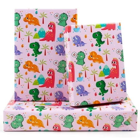 AircooL Pink Dinosaur PresNok Wrapping Paper for Girl Kids 6 Sheets Pink Dino Jurassic Birthday Gift Wrap Paper, 20 x 30 inch Per Sheet Gift Paper for Birthday, Baby Shower, Kindergarten Newborn
