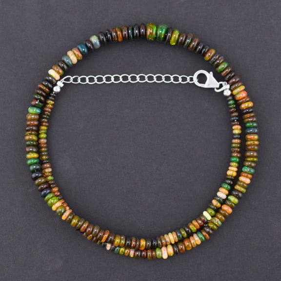 QNAVIC Natural Multi Fire Black Ethiopian Opal Beads Stones Choker Necklace for Women, Healing Chakra Crystals, Birthstone Jewelry, Rhodium Plated 925 Sterling Silver 18 inch, Wedding Gift for her