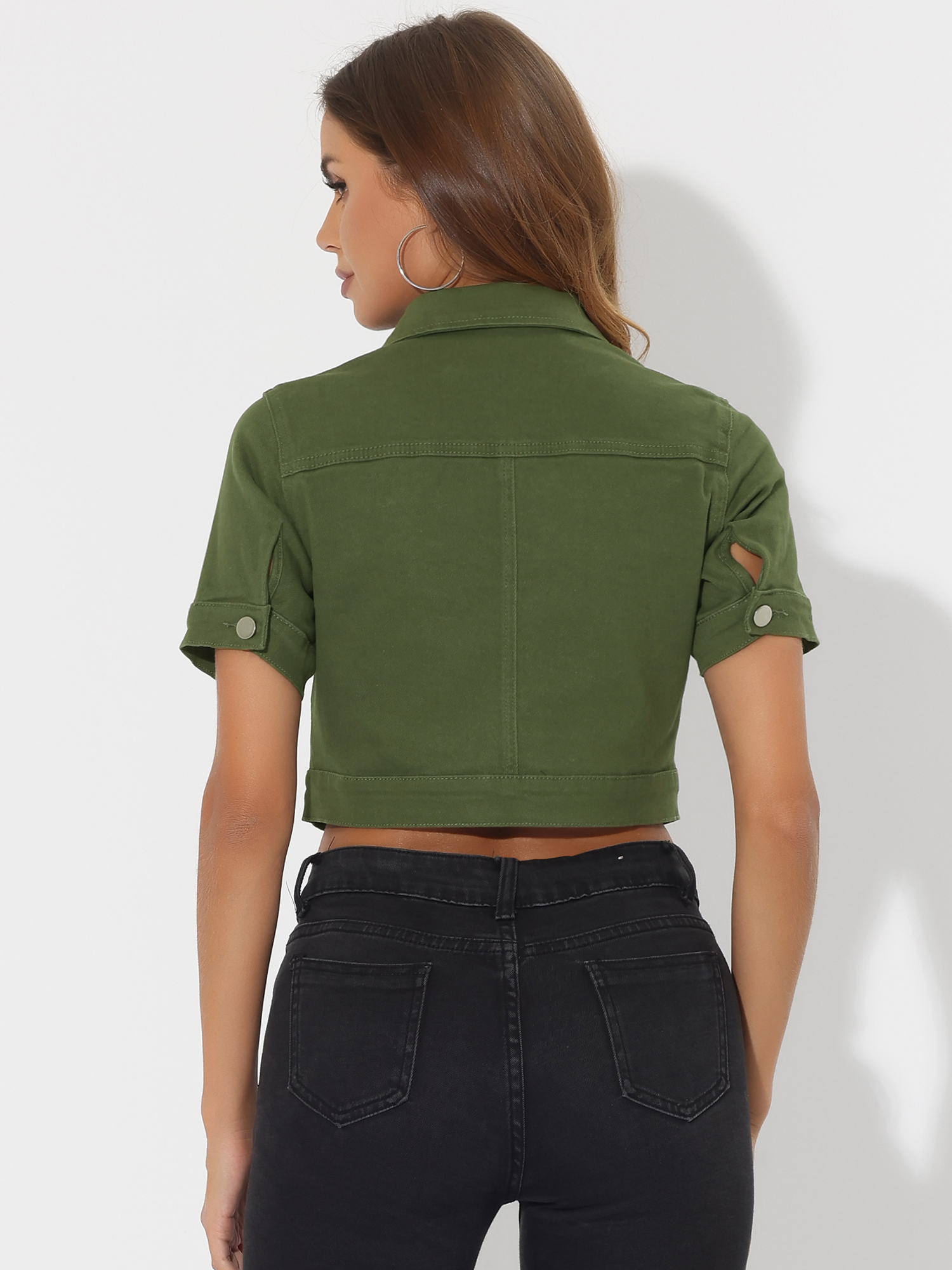 DARING DIVA Women's Short Sleeves Crop Button Down Denim Jacket XS Green