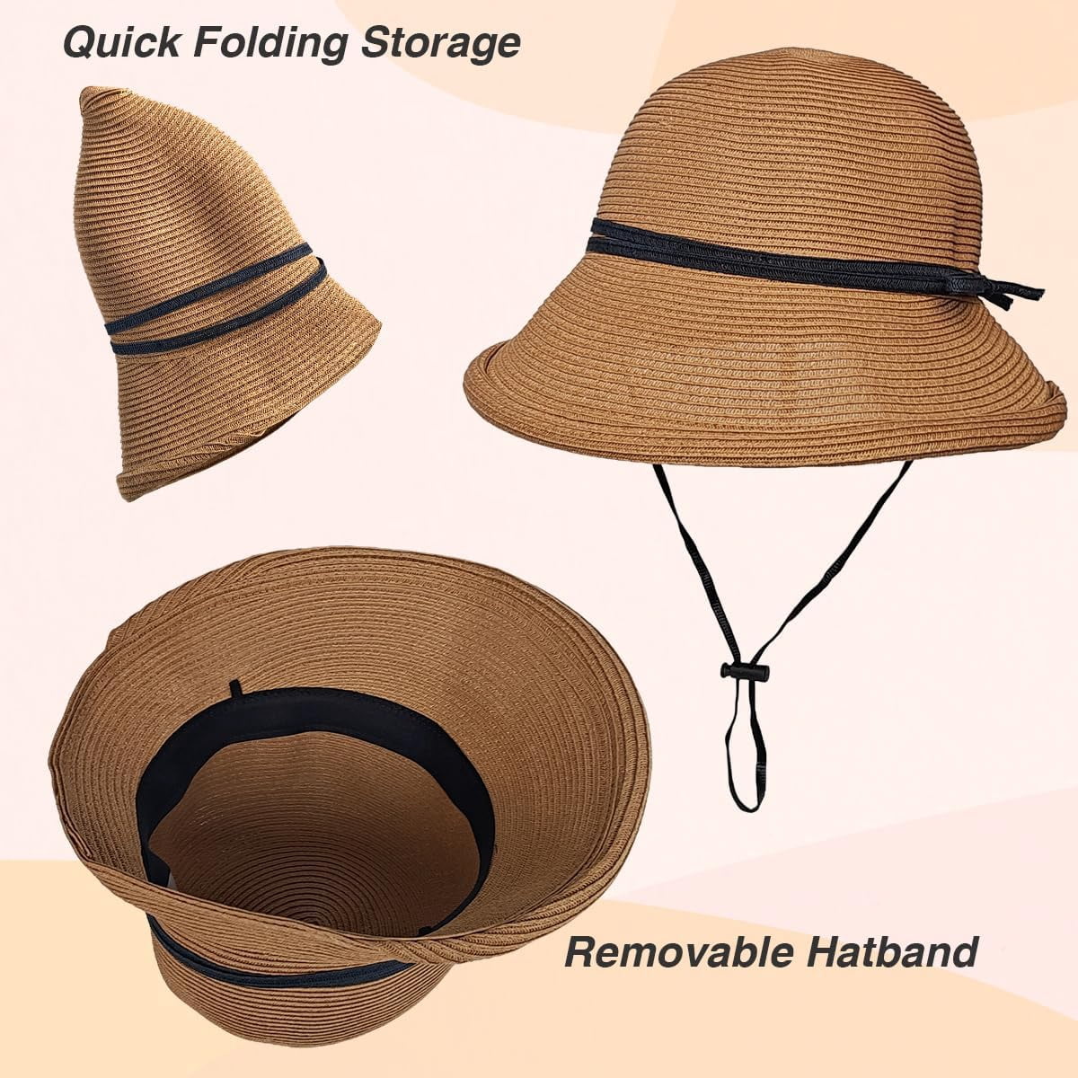 Kukuzhu Straw Bonnet Hat for Women, Wide Brim Foldable Packable Sun Bucket Hat UPF50+ Summer Beach Cap for Travel Outdoor