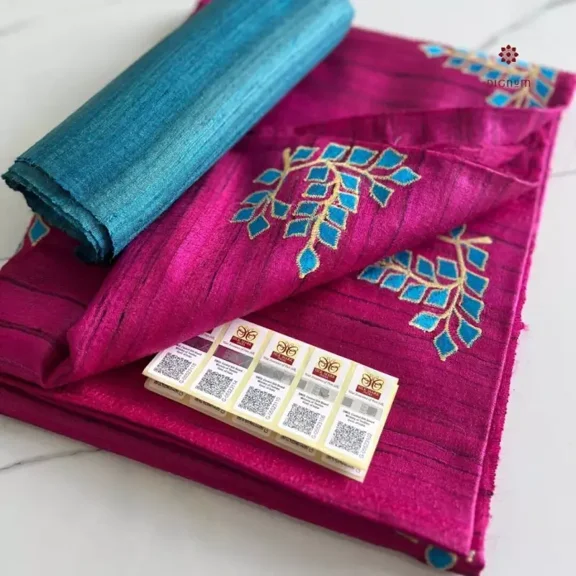 Hot Pink Tussar Ghicha Silk Embroidery Saree