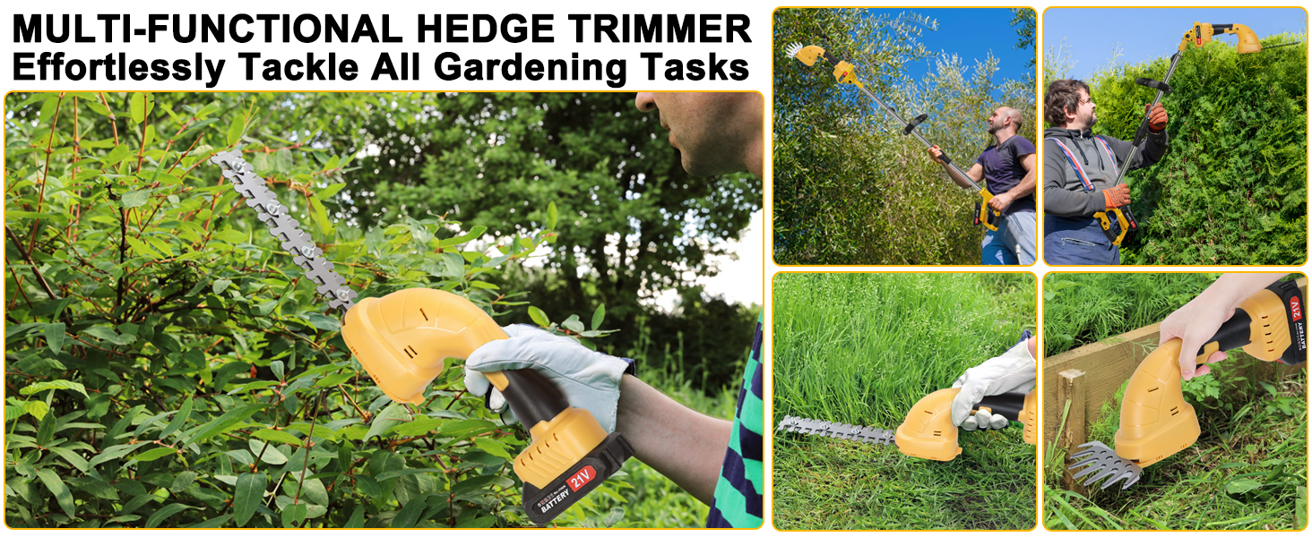 Dapmiu 2-in-1 Cordless Hedge Trimmer with Extension Pole, 21V Electric Grass Shear & Branch Cutter, 2 x 1500mAh Batteries, 30-40 Min Runtime for High Reach Pruning, Anti-Collision Safety Design.