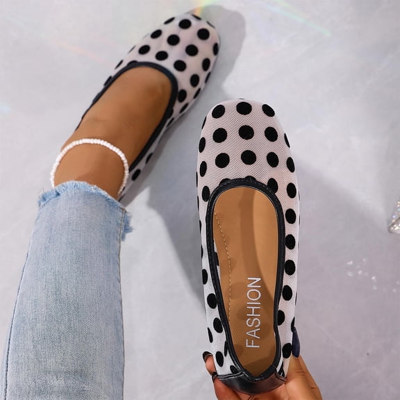 Samdudou Womens Flats Closed Toe Slip On Ballet Shoes Sheer Mesh Upper Velvet Polka Dot Pattern Breathable Casual Dressy Loafers Summer Office Vacation Party Footwear