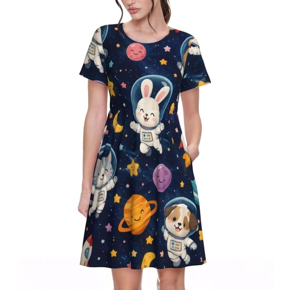 Space Animals Dresses Short Sleeve Nightdresses for Women