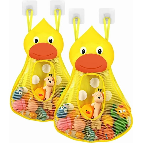 Bath Toy Organizer, Bathtub Toy Organizer Holder, Bath Toy Net Storage Holder with Adhesive Sticker Hooks (2pcs, Duck)