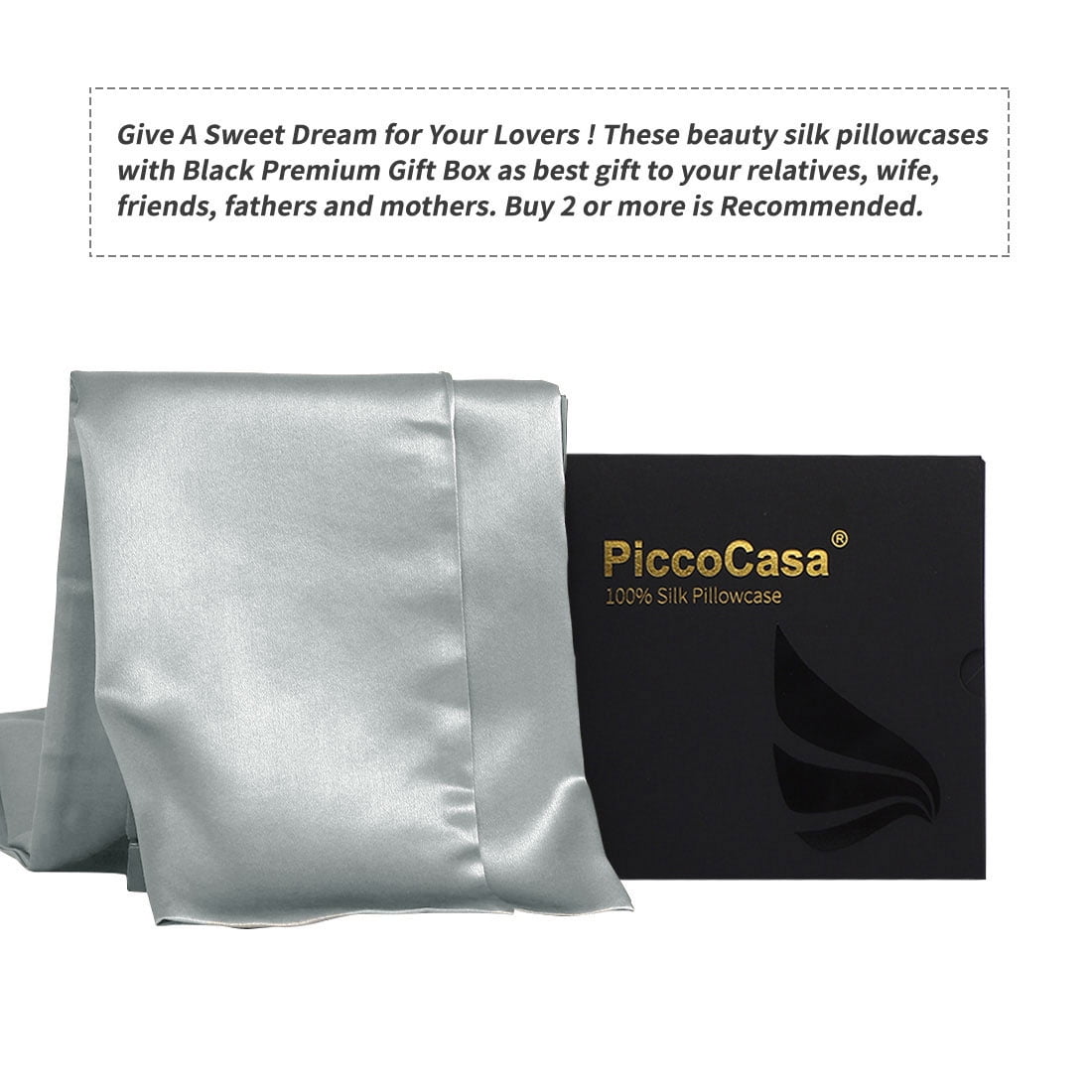 PiccoCasa 2 PCS Silk Pillowcase For Skin And Hair Silk Pillow Case Both Side Silk With Hidden Zipper Standard Grey