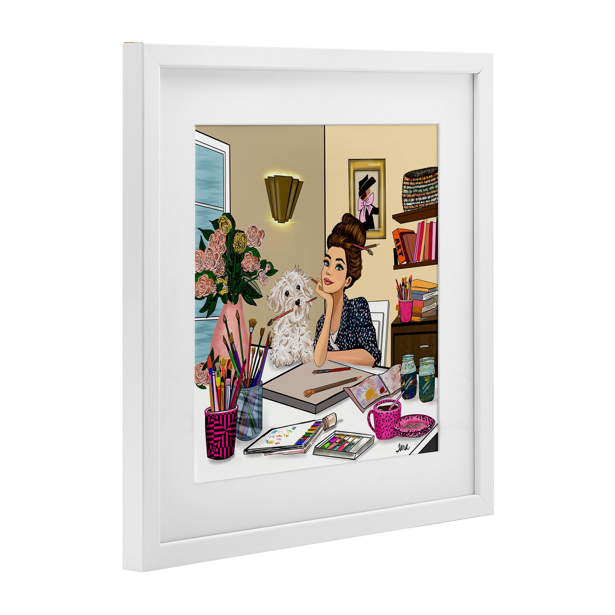 Stupell Industries Creative Art Girl at Desk White Framed Print Under Glass, design by Tara Boone