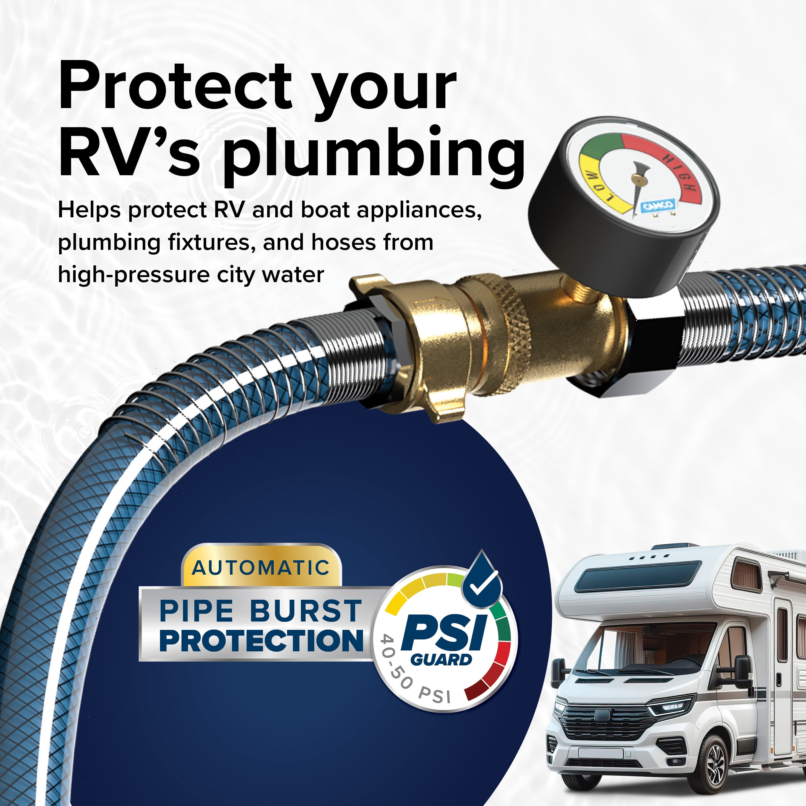 Camco RV Water Pressure Regulator with Gauge - Lead-Free Brass, Drinking Water Safe (40063)