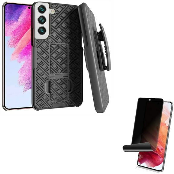 Privacy Screen Protector and Case Belt Clip for Samsung Galaxy S22 Phone - TPU Film Fingerprint Works Anti-Peep Anti-Spy & Holster Swivel Cover Kickstand Accessory Bundle