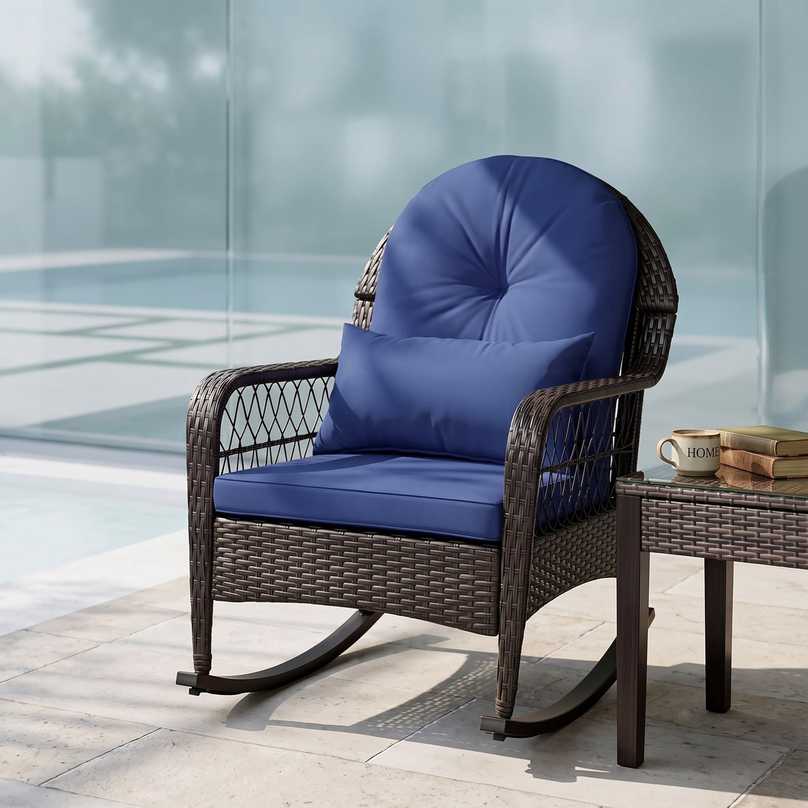 Furnibear Patio Rattan Rocking Chair with Soft Seat, Back Cushions and Waist Pillow for Front Porch, Backyard and Poolside, Navy