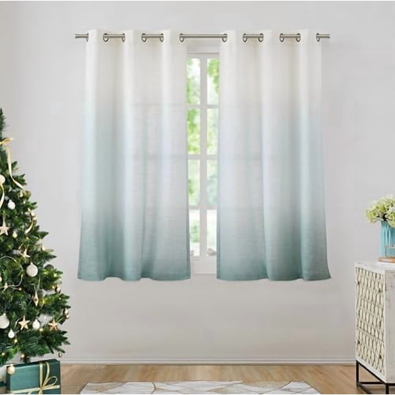 Ombre Window Curtain Panel Linen Gradient Print on Rayon Blend Fabric Drapery Treatments for Living Room/Bedroom, Cream White to Aqua, 40" x 63", Set of 2