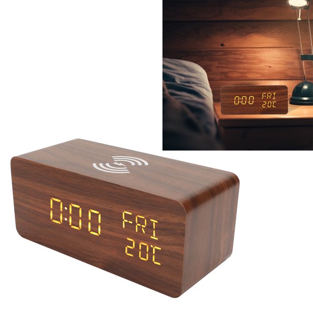 Wooden Digital Alarm Clock, 3 Dimmer 12/24 Hour Dual Alarm Wood LED Clock With Charging Cable For Home