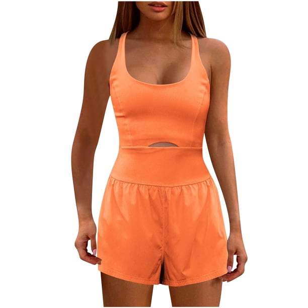 ICHUANYI ClearanceWomens Running Onesie Workout Rompers One-Piece Outfits Exercise Jumpsuits Gym Yoga(Orange, S) ICHUANYI WER20232080505547