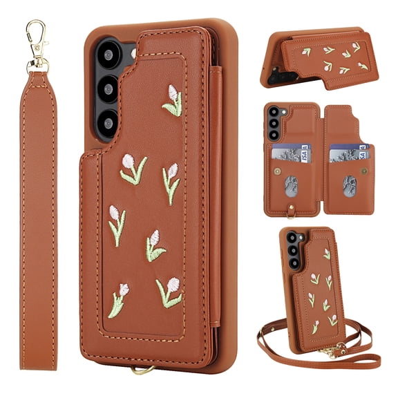 ELEHOLD Crossbody Case for Samsung Galaxy S23 Plus, Flower Embroidered Wallet Case with Shoulder and Wrist Strap, Stand Feature,Brown