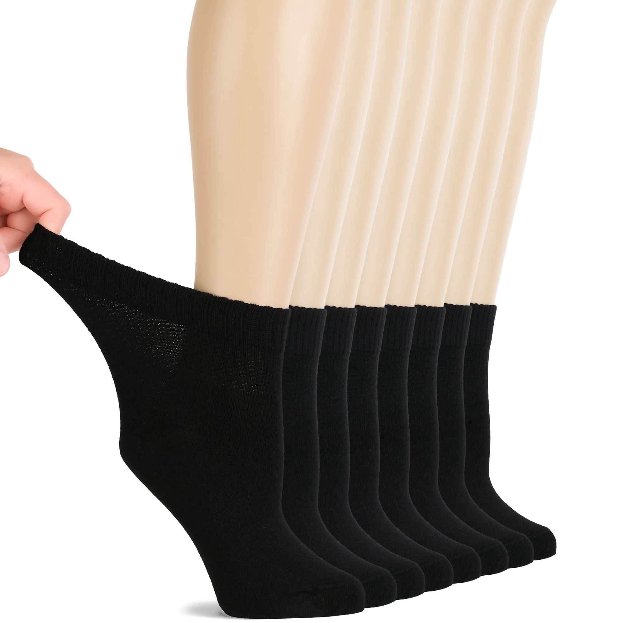 Hugh Ugoli Diabetic Socks for Women, Super Soft & Thin Ankle Socks, Wide & Loose, Non-Binding Top & Seamless Toe, 8 Pairs, Black, Shoe Size: 6-9