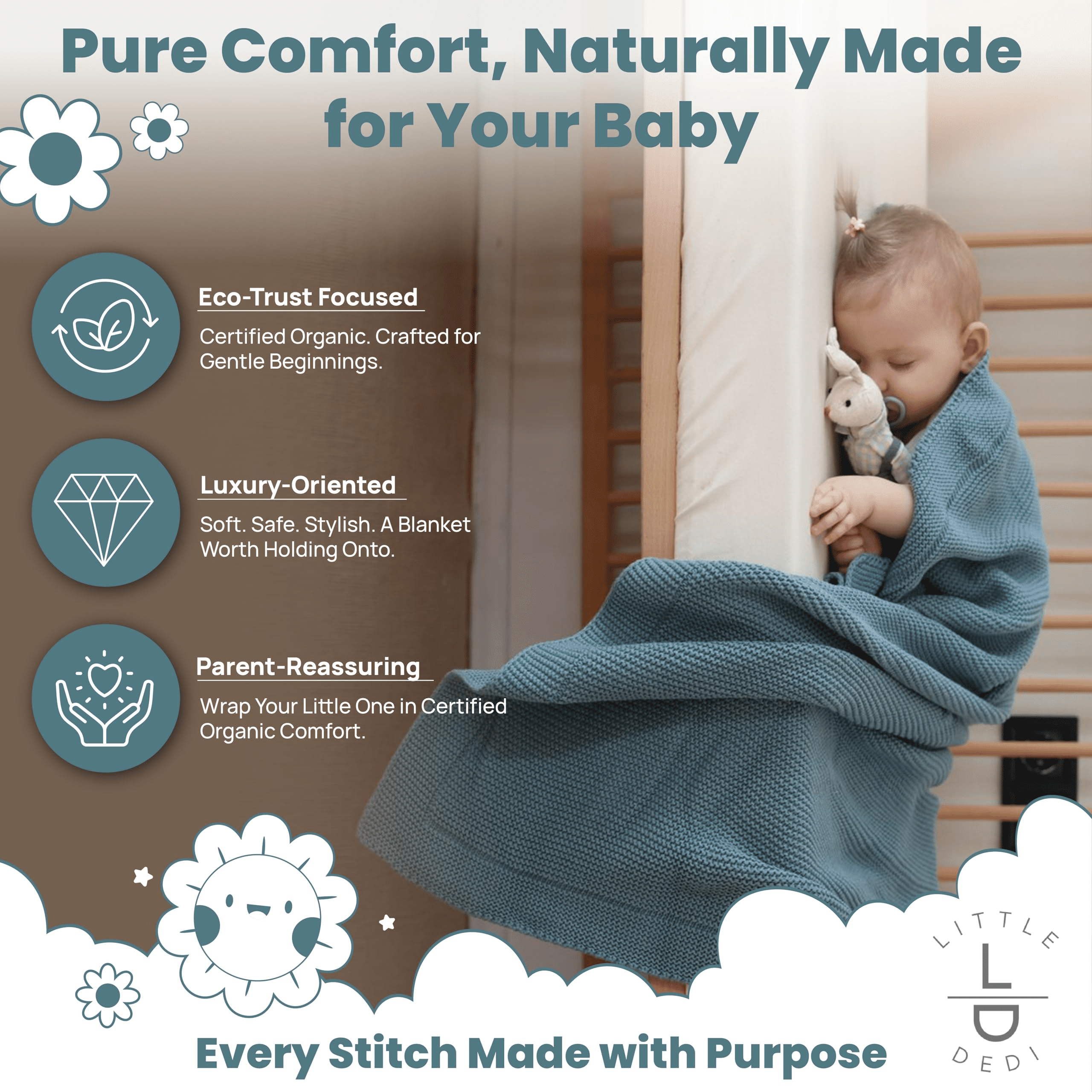Little Dedi 100% Organic Cotton Baby Knitted Blanket with Gift Box - Soft Toddler, Crib, Stroller Blanket - Neutral Swaddle and Receiving Blanket for Newborns, 30"x40", Smoke Blue