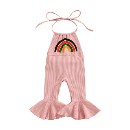 

Bagilaanoe Toddler Girls Romper Jumpsuit Bell Bottoms Backless Halter Tie Ribbed Rainbow One-Piece Flared Pants Playsuit Summer Clothes