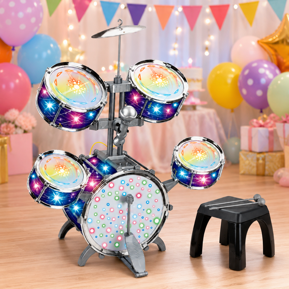 RNKR Kids Drum Set for, with Cymbals, Adjustable Stool, LED Light Up Musical Instrument Toy, LED Light Up Musical Instrument Toy, for Boys & Girls Ages 3