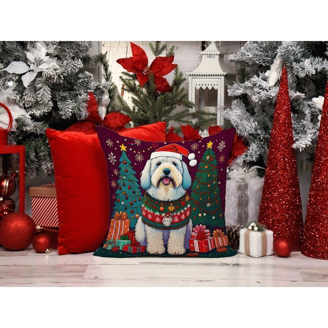 thumbnail image 2 of Old English Sheepdog Christmas Fabric Decorative Pillow 18 in x 18 in, 2 of 5