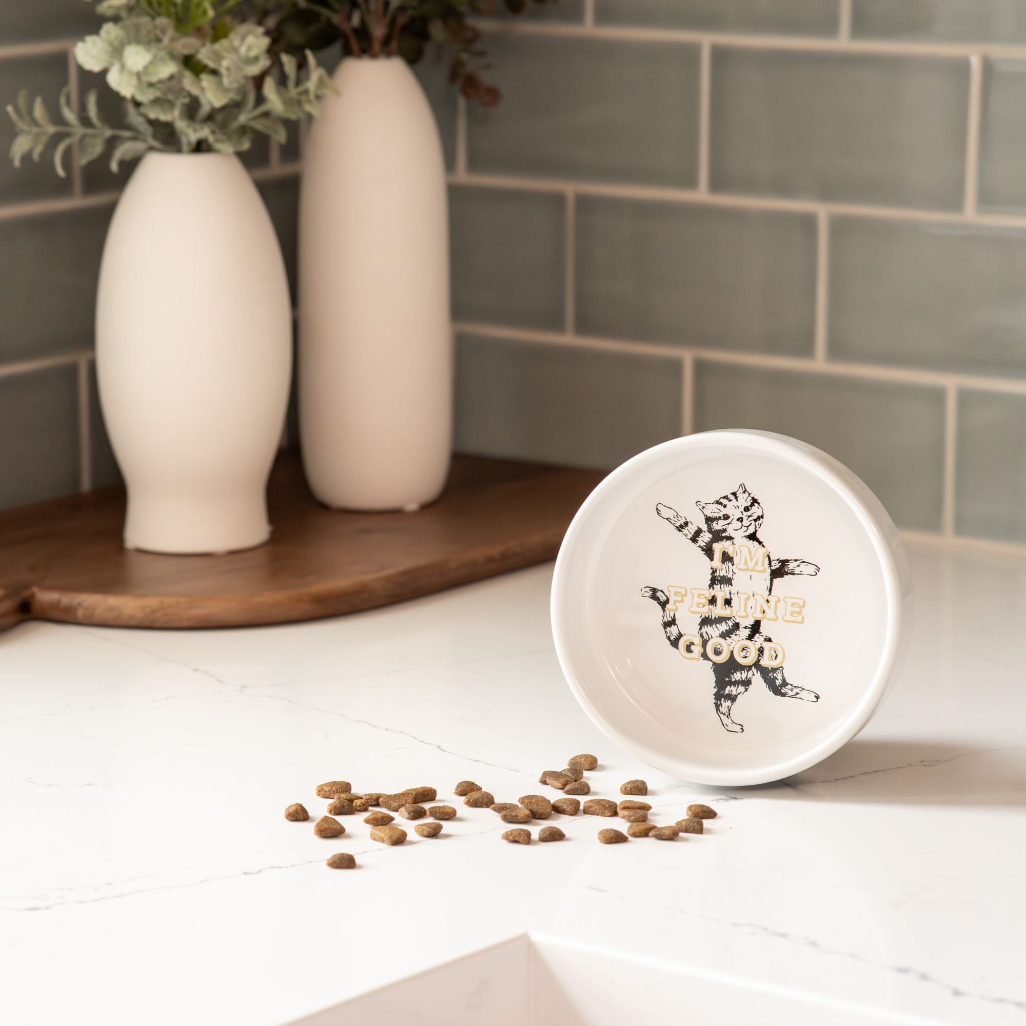 Harry Barker I'm Feline Good Ceramic Cat Bowl, White, O/S