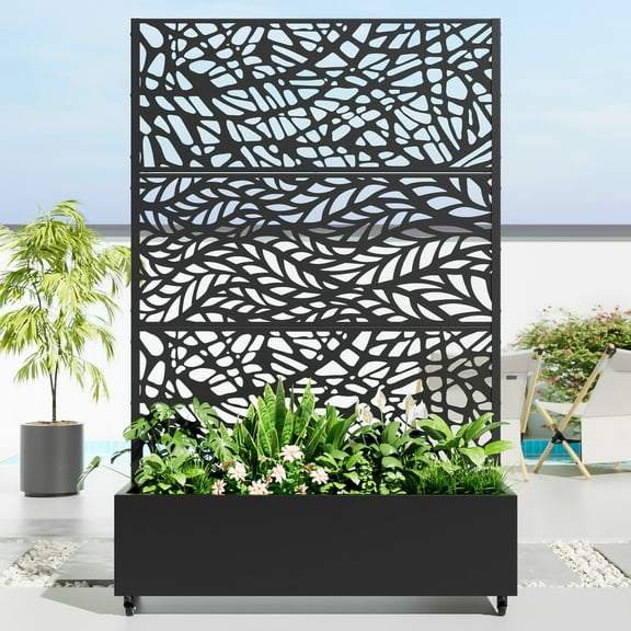 MAYEERTY 47*16*72" Outdoor Black Metal Planter Box with Trellis for Climbing Plants, Leafy & Vine Pattern Panel
