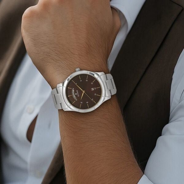 Titan Workwear Brown Dial Analog with Day and Date Stainless Steel Strap Watch for Men