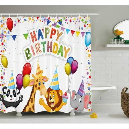 Kids Birthday Shower Curtain Cartoon Style Safari Jungle Animals At Kids Birthday Shower Curtain Cartoon Style Safari Jungle Animals At A Party With Flags And