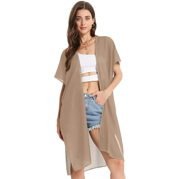 Beach Vacation Clothes Kimono Cardigan Loose Swimsuit Cover Up for Women Khaki S